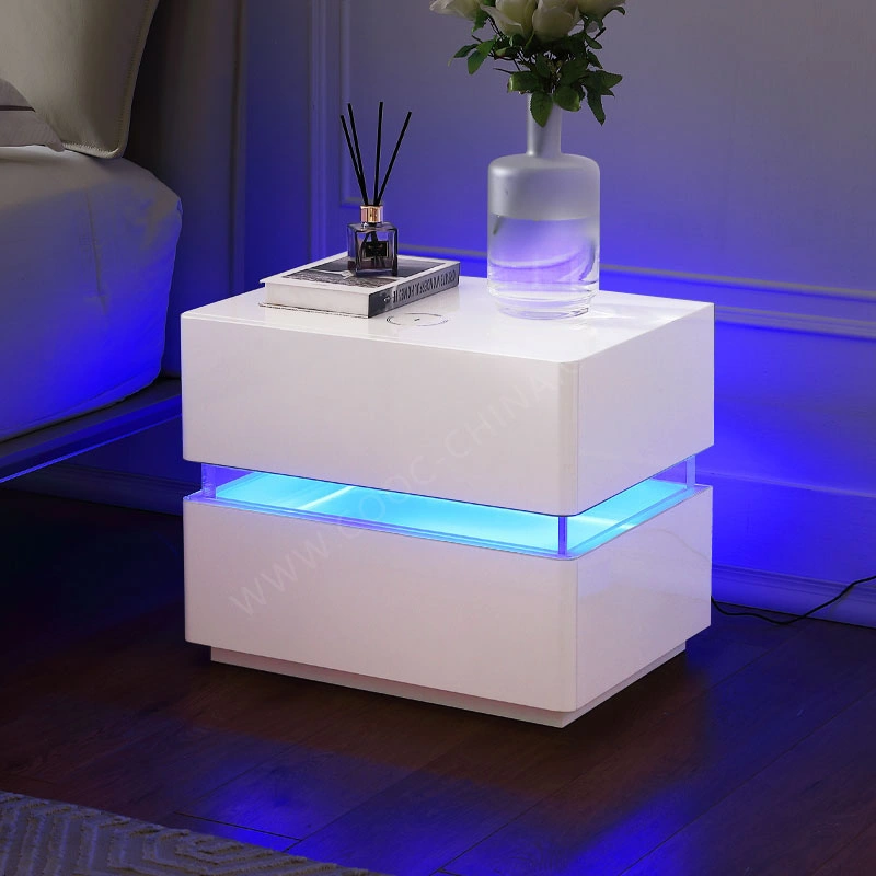 Modern White Acrylic Intelligent LED Light Night Stand Smart Bedside Table with Wireless Charging