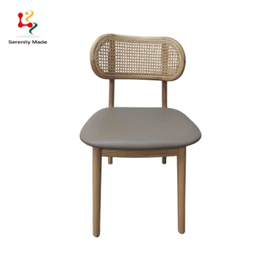 Simple Style Restaurant Furniture Wooden Frame Rattan Back PU Seating Dining Chair