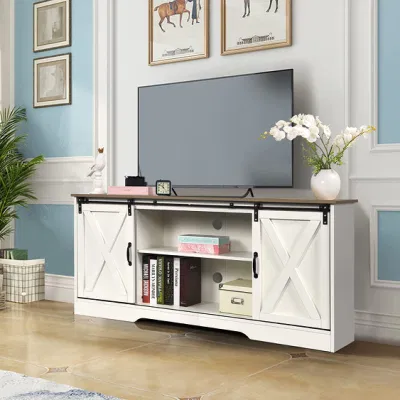 TV Stand for 65+ Inch TV, White Entertainment Center Barn Door Television Stands for 75 Inch TV, White Farmhouse TV Stand for 65 Inch TV